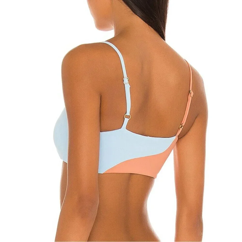 NEW l*space Ari Color Block Pullover Bikini Top in Tangy and Sky Blue Sz. L